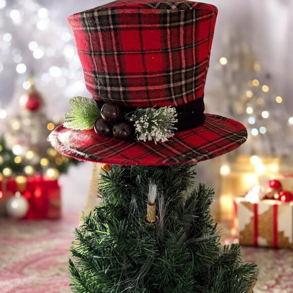 Christmas Tree Topper XL Red Plaid  Snowman Hat Rustic Farmhouse Country - Picture 2 of 8